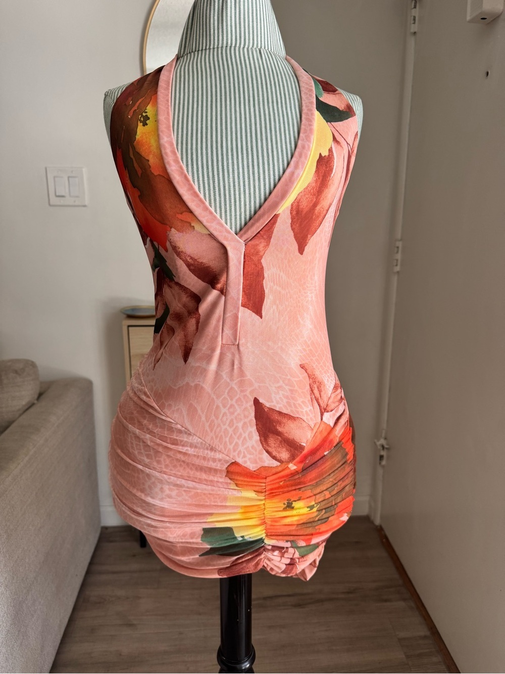 Revolve- AFRM Pink Floral Print Ruched Halter Mini Dress Size Small